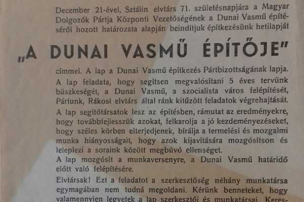 2019. AUGUSZTUS HÓNAP MŰTÁRGYA - A DUNAI VASMŰ ÉPÍTŐJE, AZ ÉPÍTKEZÉS HETILAPJA, PROPAGANDA 1950-BŐL